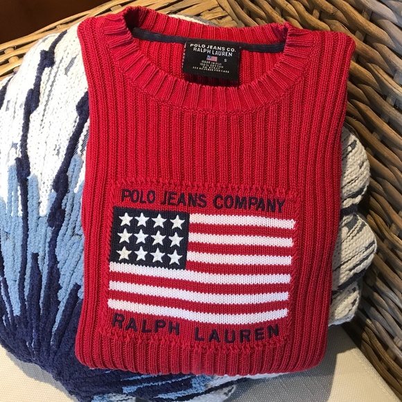 VINTAGE ICONIC AMERICAN FLAG RED RALPH LAUREN POLO SWEATER - Picture 1 of 12